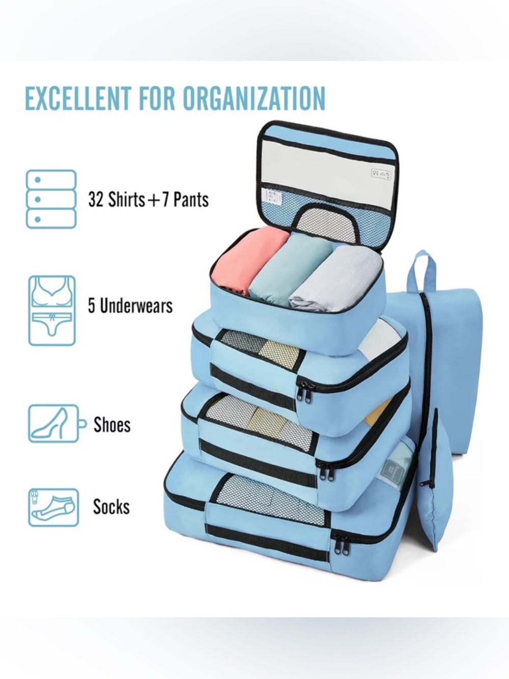 8 Set Packing Cubes for Travel Essentials - Blue - Picture 2 of 7